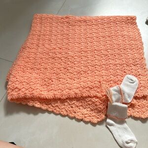 Knit blanket and matching socks!! Coral color!